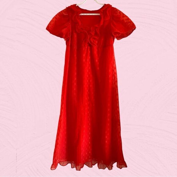 Vintage 60s bright red ruffled maxi gown - Picture 6 of 14